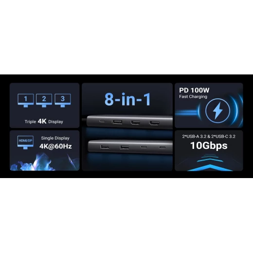 محطة إرساء يو جرين 8 في 1 بمنفذ USB-C شاشة مزدوجة 4K HDMI, DisplayPort, USB 3.2 - يوجرين - Image 3